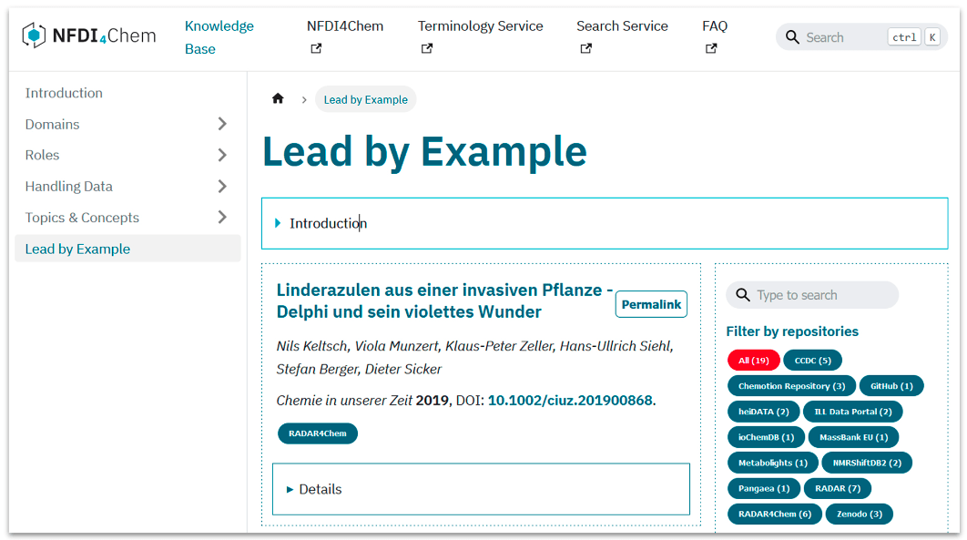 Screenshot of Lead-by-Example @ NFDI4Chem Knowledge Base.
