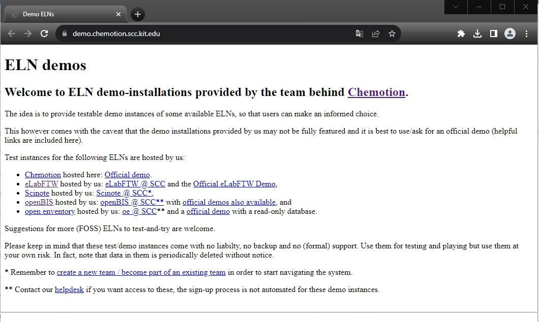 Screenshot of the test-eln website